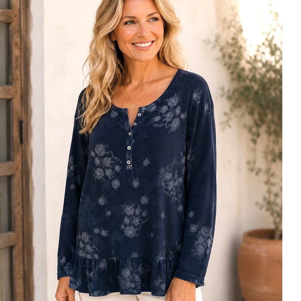 Style & Co Floral Henley Peplum Knit Top Womens XXL Navy Boho Popover 2X
